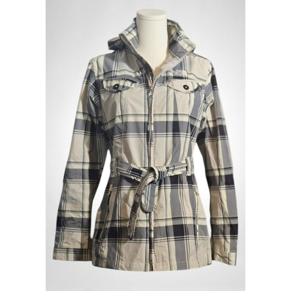 The North Face Women's Size S/P Soft Shell Hooded Jacket Belt Gray White Plaid